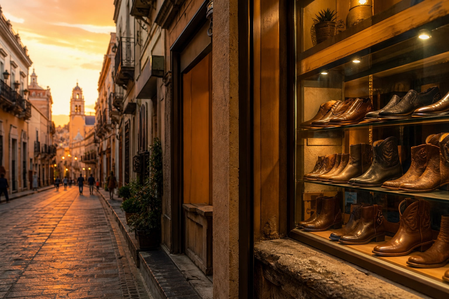 Calle del centro de León Guanajuato con zapatería artesanal de calzado de piel al atardecer