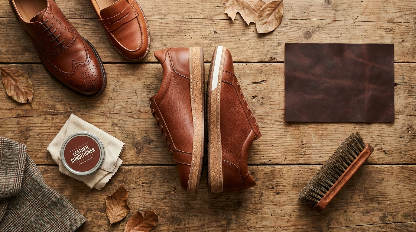 Guía de zapatos de piel genuina: capas de piel flor entera, cepillo y crema para calzado