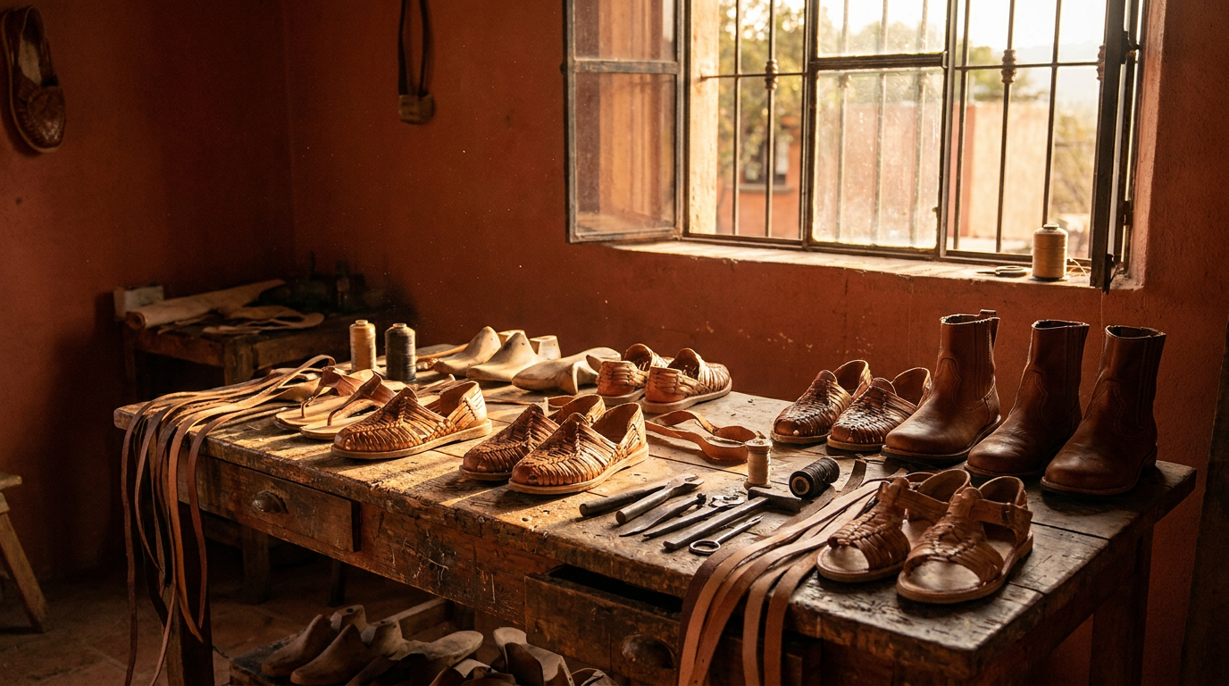 Taller de calzado artesanal mexicano en León: huaraches de piel tejidos y hormas de madera