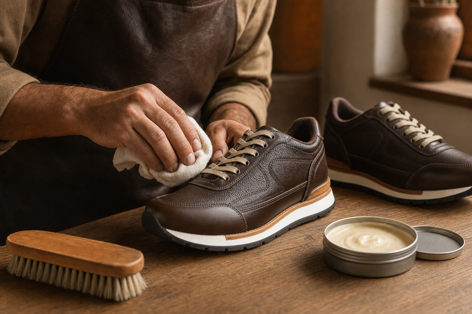 Manos aplicando crema hidratante a un tenis de piel shedrón con paño de algodón