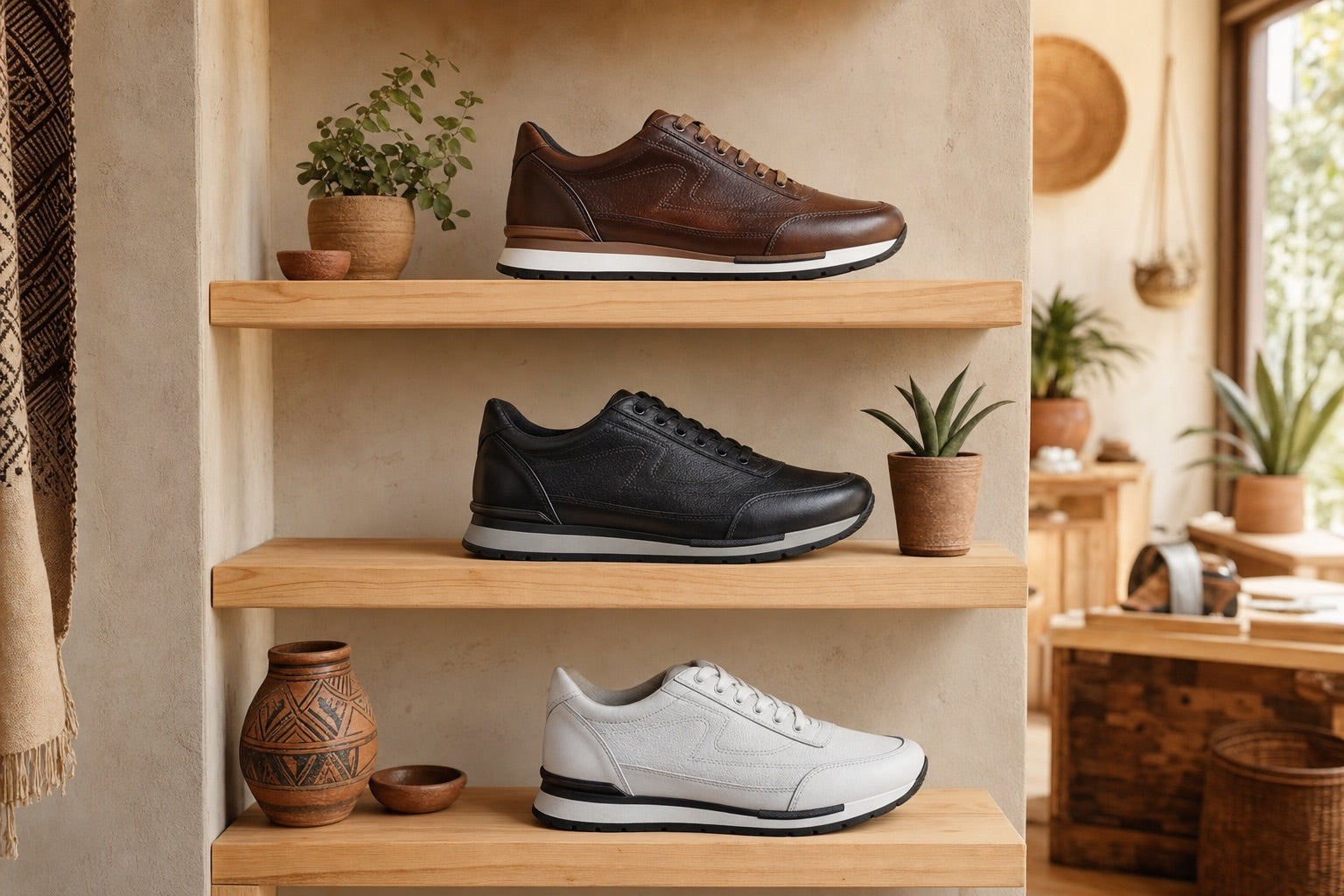 Tres pares de tenis de piel para hombre en shedrón, negro y blanco en boutique artesanal mexicana