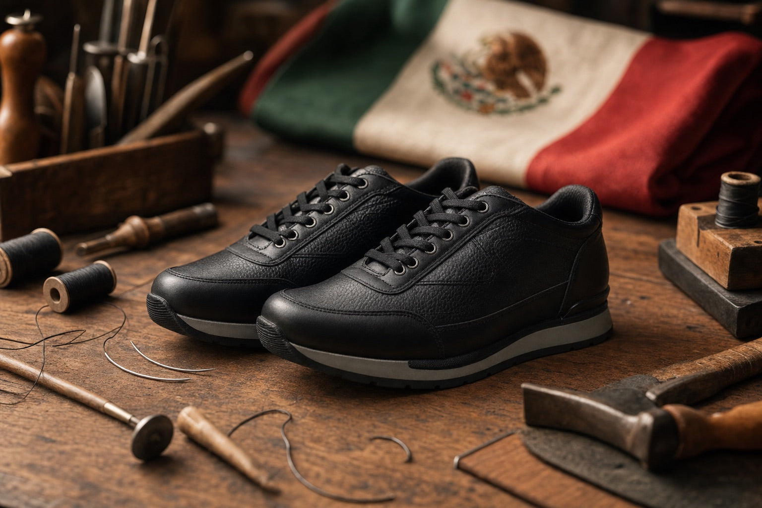 Tenis de piel shedrón hecho en México sobre mesa de trabajo con herramientas de zapatero
