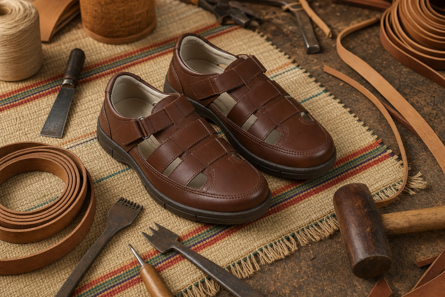 Huaraches de piel para hombre tejidos a mano sobre petate en taller artesanal mexicano