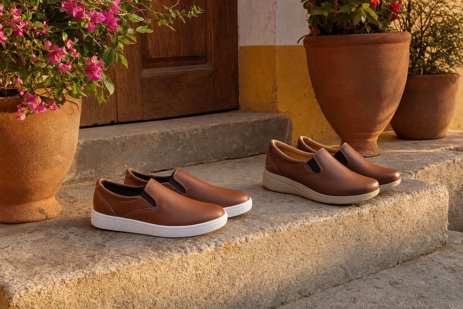 Mujer usando zapatos slip-on de piel color miel canela en escalón de casa colonial mexicana