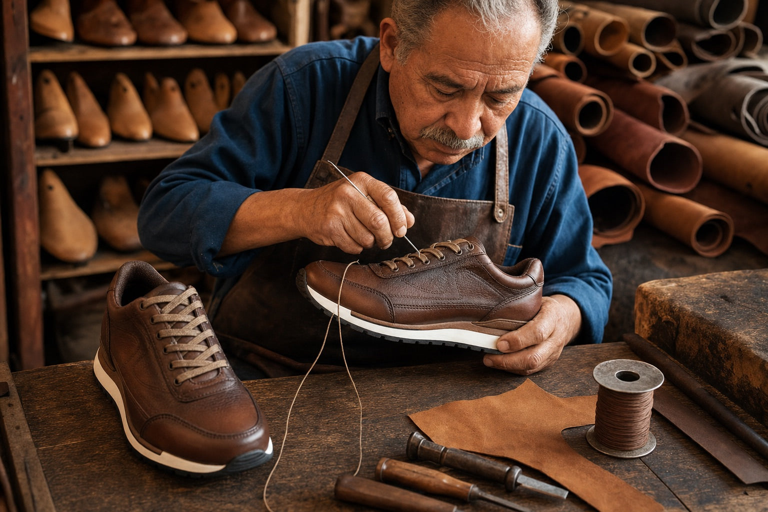 Artesano cosiendo la suela de un tenis Toronto de piel shedrón en taller de León Guanajuato
