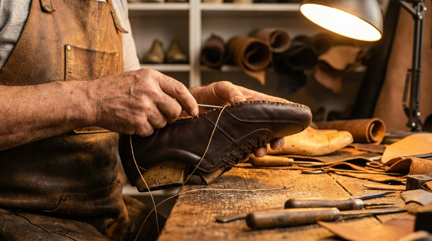 Artesano cosiendo calzado de piel a mano en taller de León, Guanajuato — calzado artesanal mexicano