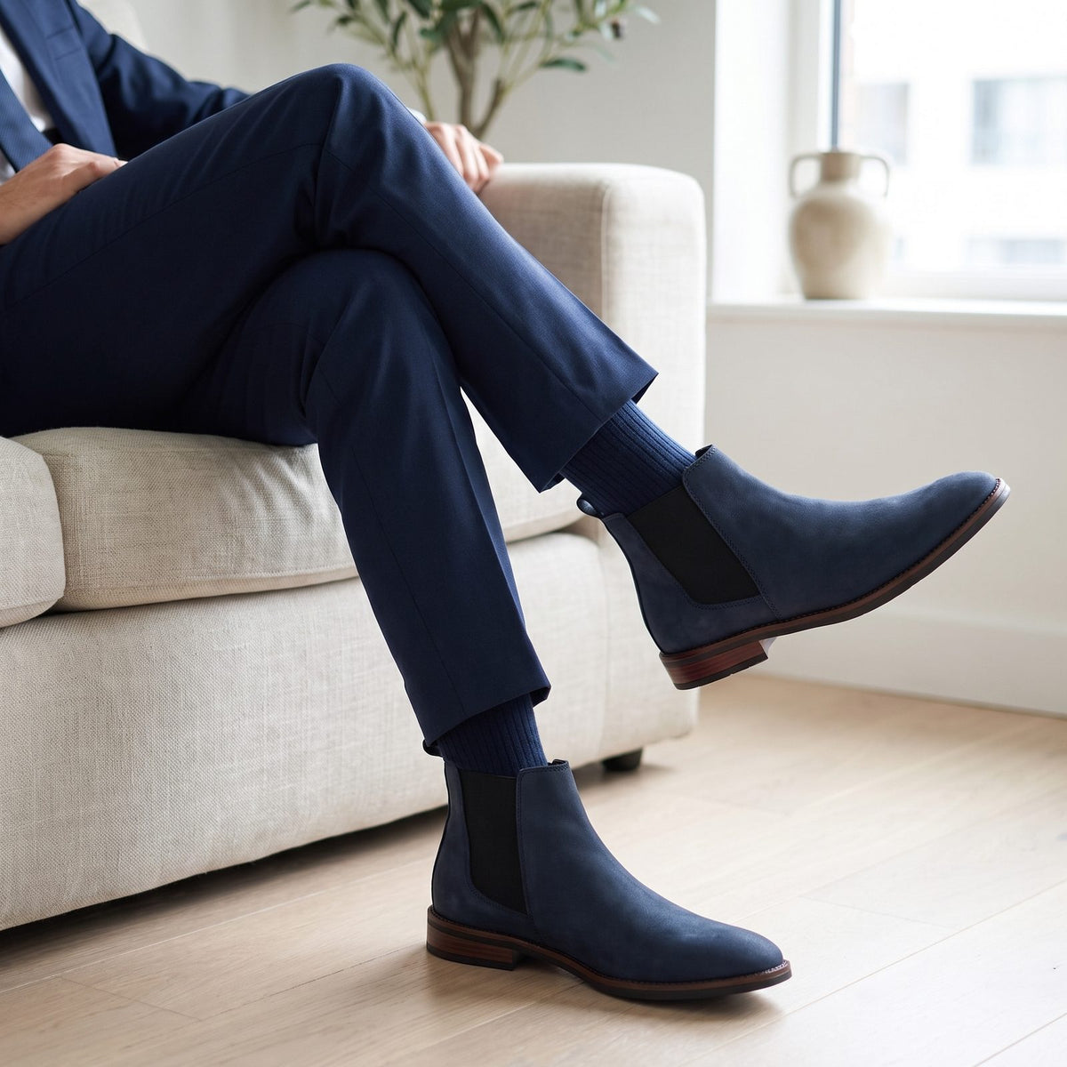Botín Chelsea Azul Marino de nobuck para hombre, puesto