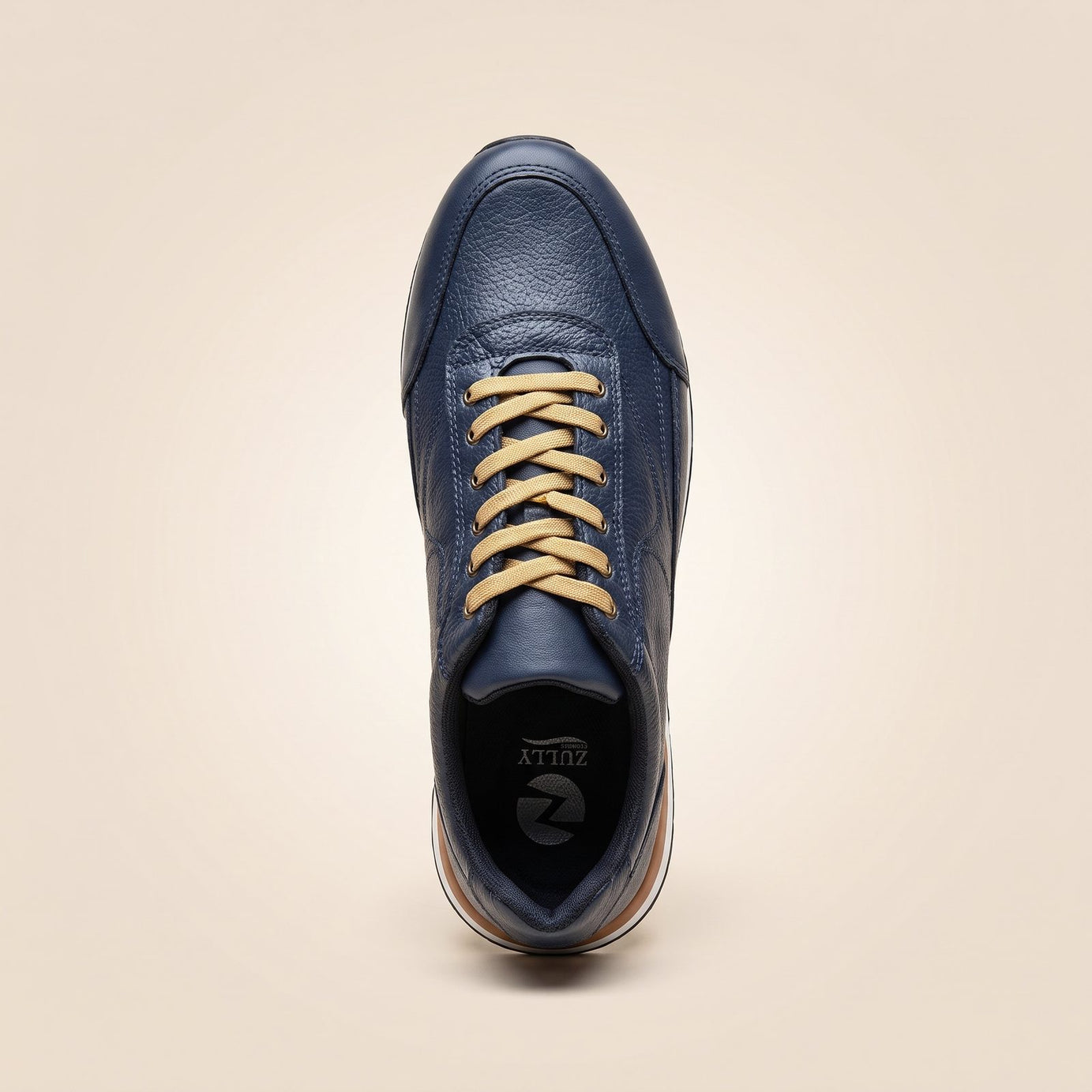 Tenis Toronto azul marino de piel granulada para hombre, agujetas arena, vista superior con plantilla