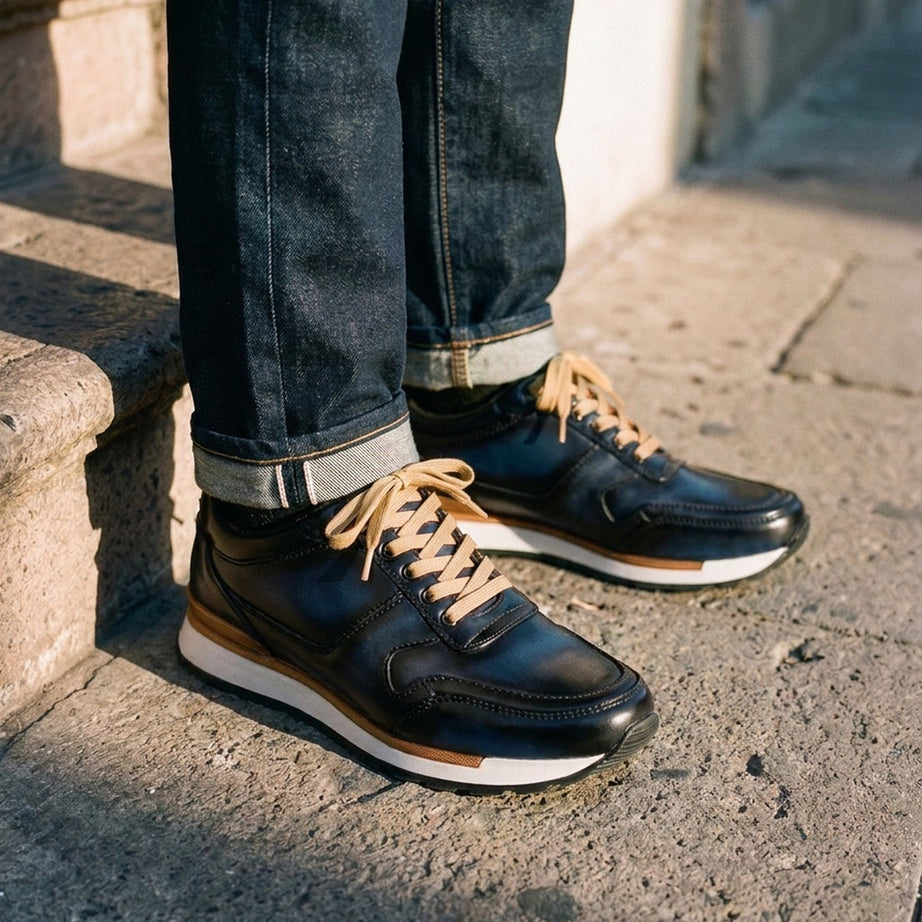 Hombre con tenis Vancouver azules de piel en la calle — Calzado Zully