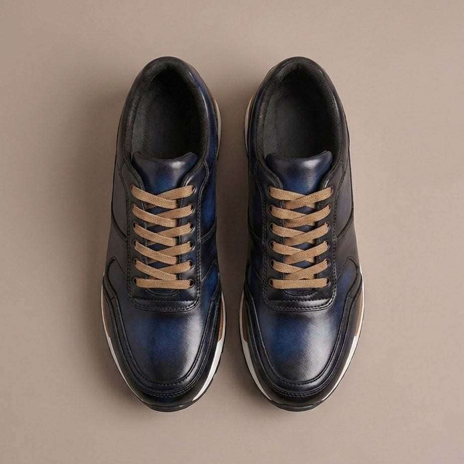 Tenis Vancouver de piel azul patinada para hombre, hechos en León — Calzado Zully — vista superior