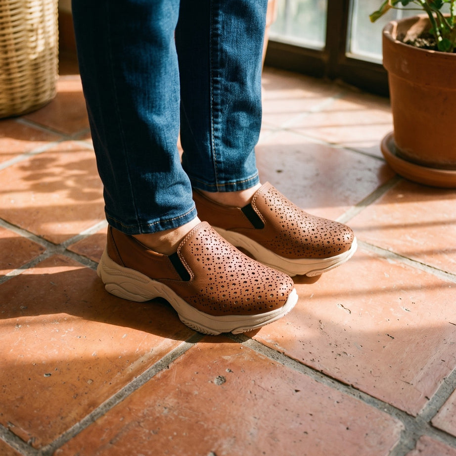 Mujer con zapatos Zapopan shedrón de piel troquelada en patio de barro — Calzado Zully